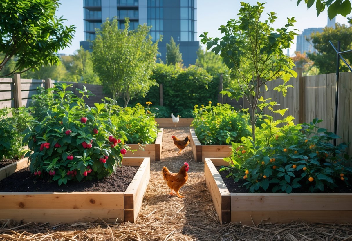 19+ Garden Ideas for Urban Chickens: Practical Tips for Small Space Backyard Success 20 An urban garden with fruit-bearing bushes and chickens roaming freely among them.