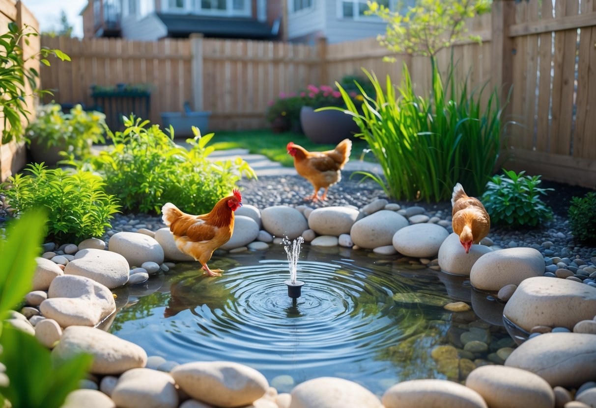 19+ Garden Ideas for Urban Chickens: Practical Tips for Small Space Backyard Success 21 Urban backyard garden with a small pond surrounded by plants and stones, with chickens drinking and walking nearby.