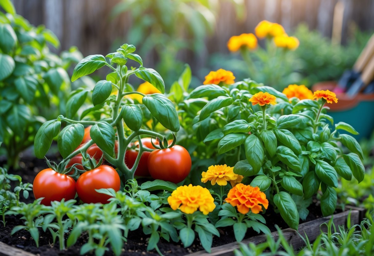 20+ Companion Flower Planting Ideas: Proven Combinations for Thriving US Gardens 2 A garden bed with tomato plants growing alongside basil and marigold flowers under natural sunlight.