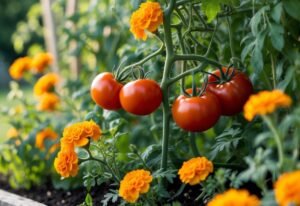 A garden bed with tomato plants growing alongside bright orange marigold flowers.