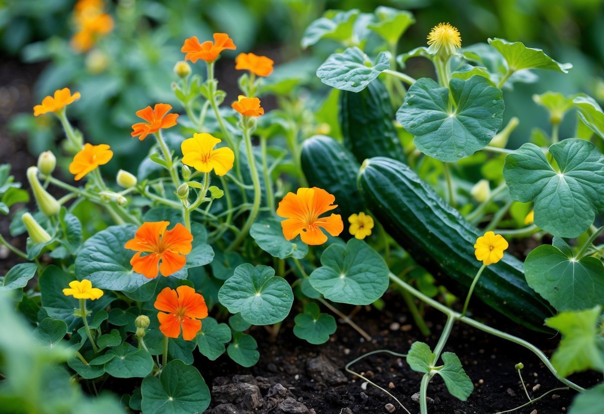 20+ Companion Flower Planting Ideas: Proven Combinations for Thriving US Gardens 4 A garden bed with bright orange and yellow nasturtium flowers growing alongside green cucumber plants with broad leaves and small yellow blossoms.