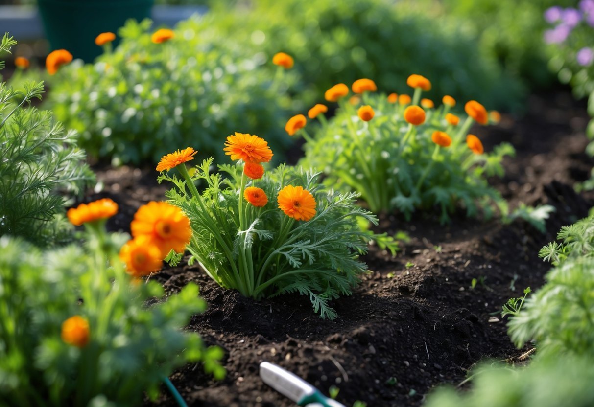 20+ Companion Flower Planting Ideas: Proven Combinations for Thriving US Gardens 5 A garden bed with bright orange calendula flowers growing alongside green carrot plants.