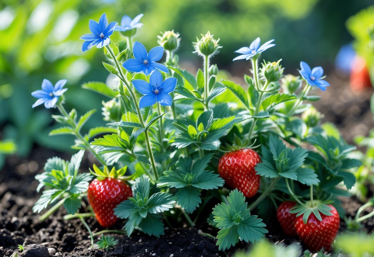 20+ Companion Flower Planting Ideas: Proven Combinations for Thriving US Gardens 6 A garden scene showing borage plants with blue flowers growing alongside ripe strawberries among green leaves.