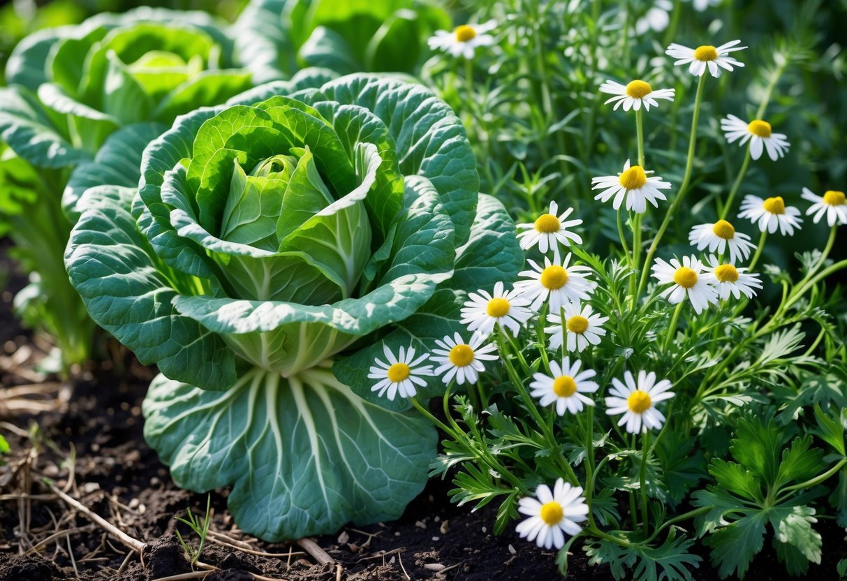 20+ Companion Flower Planting Ideas: Proven Combinations for Thriving US Gardens 7 A garden bed with green cabbage plants and white chamomile flowers growing together.