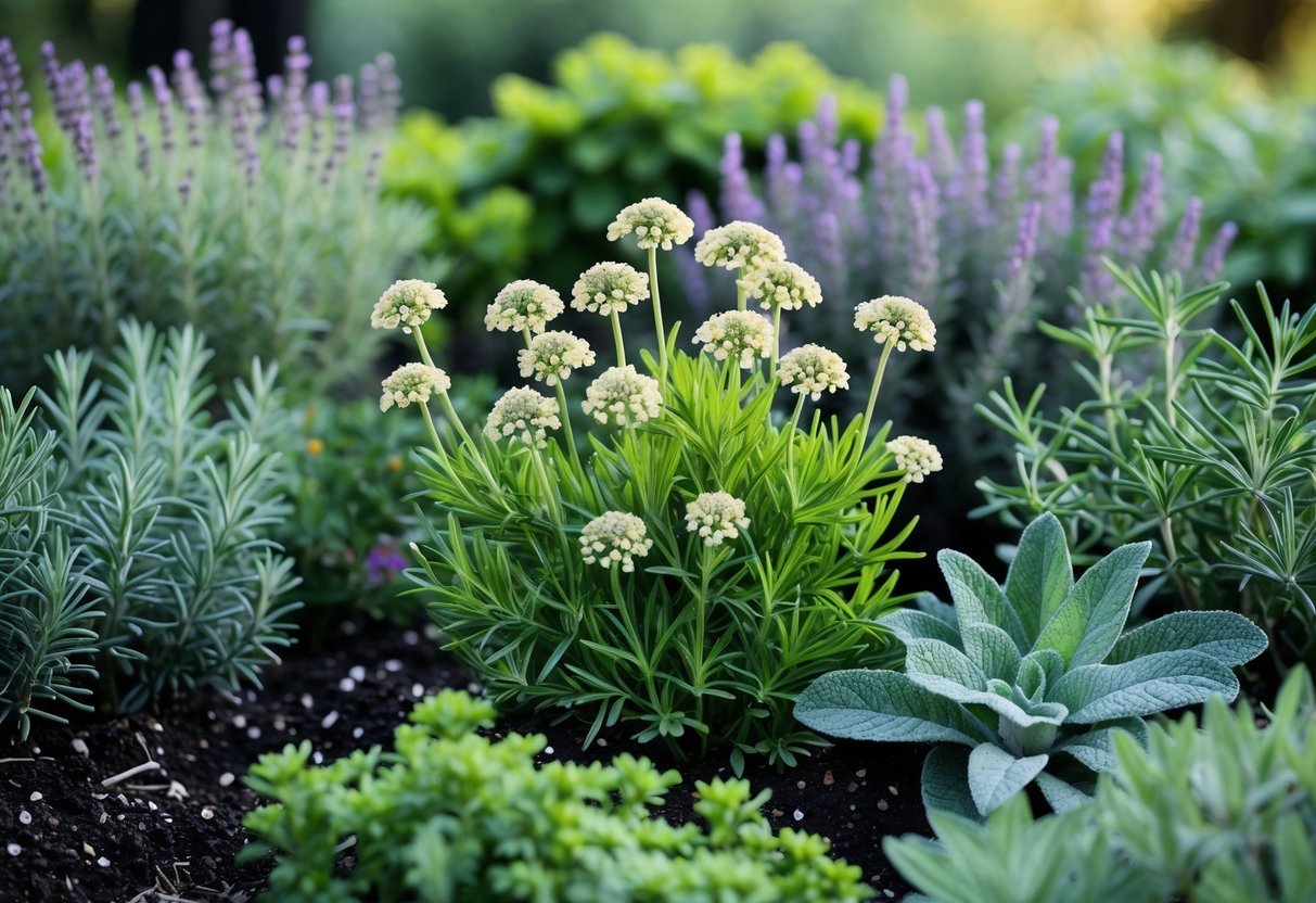 20+ Companion Flower Planting Ideas: Proven Combinations for Thriving US Gardens 8 A garden bed with blooming yarrow plants surrounded by various green herbs including lavender, rosemary, and sage.