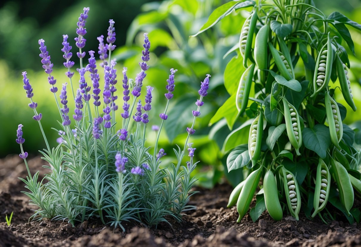 20+ Companion Flower Planting Ideas: Proven Combinations for Thriving US Gardens 9 A garden bed with blooming lavender plants growing alongside green bean plants with pods.