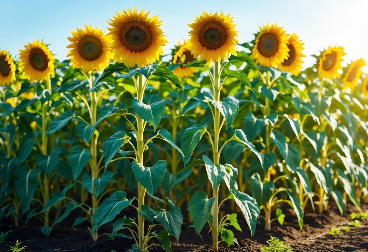 20+ Companion Flower Planting Ideas: Proven Combinations for Thriving US Gardens 10 A garden with tall sunflowers blooming next to green corn plants growing closely together.