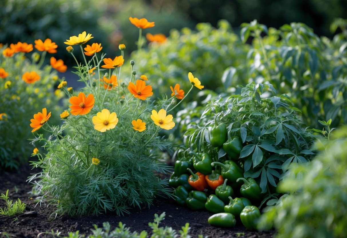 20+ Companion Flower Planting Ideas: Proven Combinations for Thriving US Gardens 11 A garden bed with blooming orange and yellow cosmos flowers growing alongside green pepper plants with small peppers.