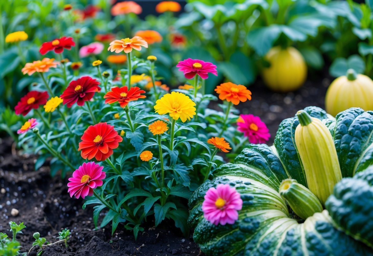 20+ Companion Flower Planting Ideas: Proven Combinations for Thriving US Gardens 12 A garden bed with colorful zinnias growing alongside green squash plants with yellow blossoms.