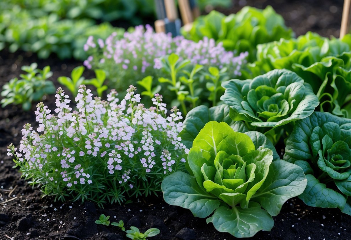 20+ Companion Flower Planting Ideas: Proven Combinations for Thriving US Gardens 13 A garden bed showing Sweet Alyssum flowers growing alongside green lettuce plants.