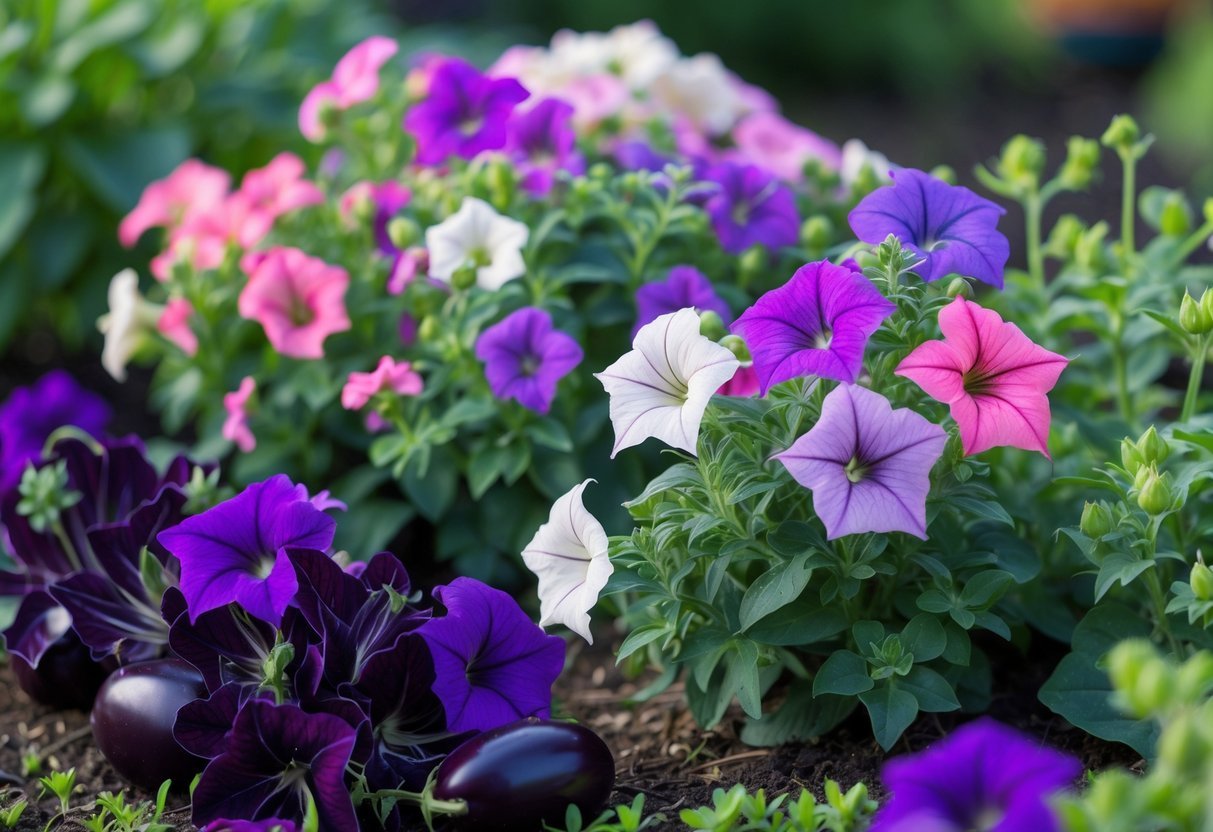 20+ Companion Flower Planting Ideas: Proven Combinations for Thriving US Gardens 14 A garden bed with blooming petunias and purple eggplant flowers growing together among green leaves.