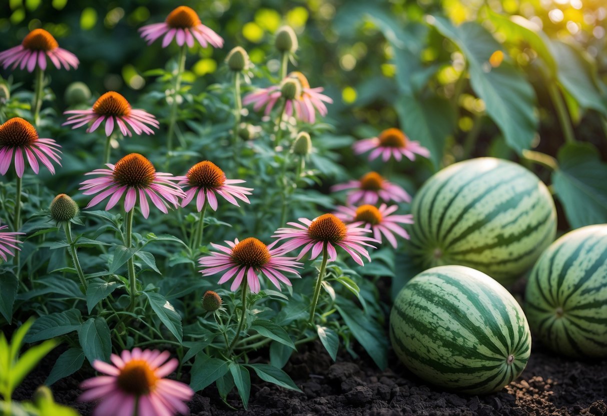 20+ Companion Flower Planting Ideas: Proven Combinations for Thriving US Gardens 15 A garden scene showing pink-purple Echinacea flowers growing next to melon plants with large green-striped melons on the soil.