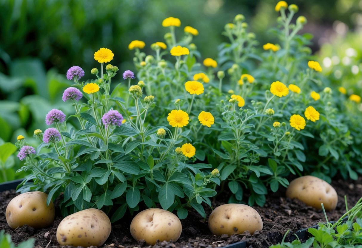 20+ Companion Flower Planting Ideas: Proven Combinations for Thriving US Gardens 16 A garden bed with tansy flowers growing next to potato plants with green leaves and flowers.