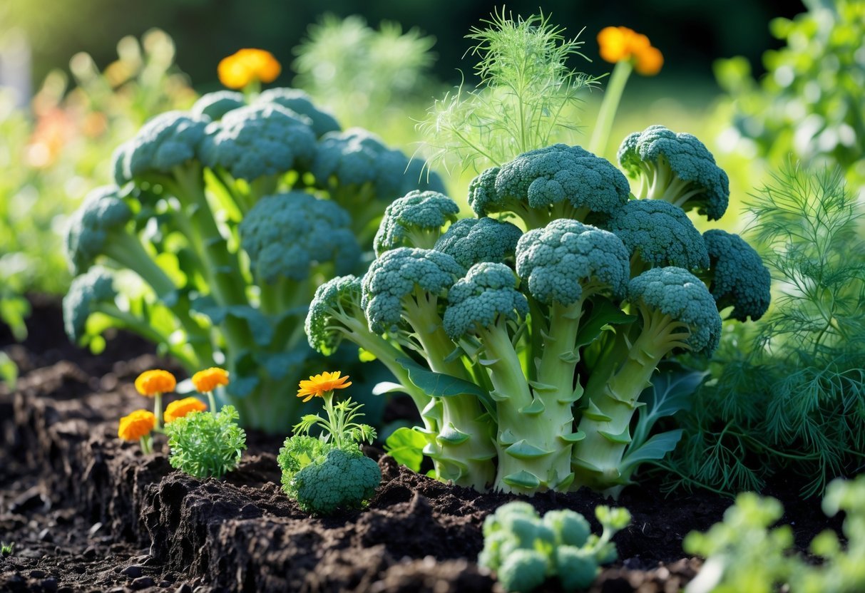 20+ Companion Flower Planting Ideas: Proven Combinations for Thriving US Gardens 17 A garden bed with healthy broccoli plants growing alongside feathery dill and small companion flowers in rich soil.