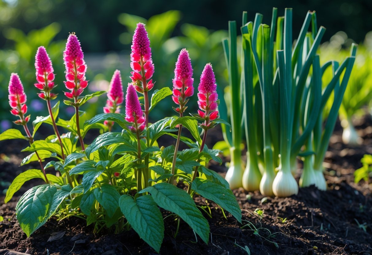 20+ Companion Flower Planting Ideas: Proven Combinations for Thriving US Gardens 18 A garden bed with blooming bee balm flowers growing next to green onion plants in sunlight.