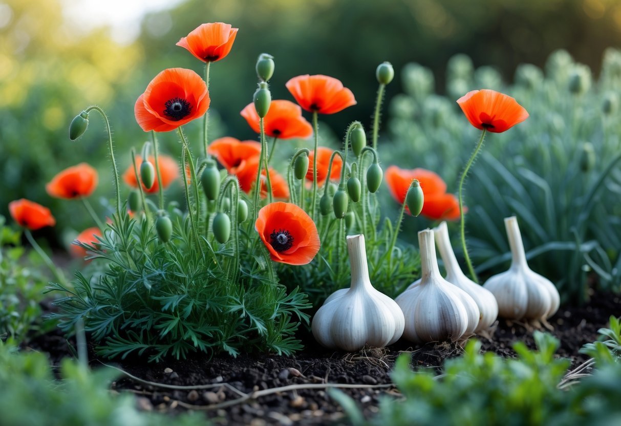 20+ Companion Flower Planting Ideas: Proven Combinations for Thriving US Gardens 20 A garden bed with red poppies blooming next to green garlic plants.