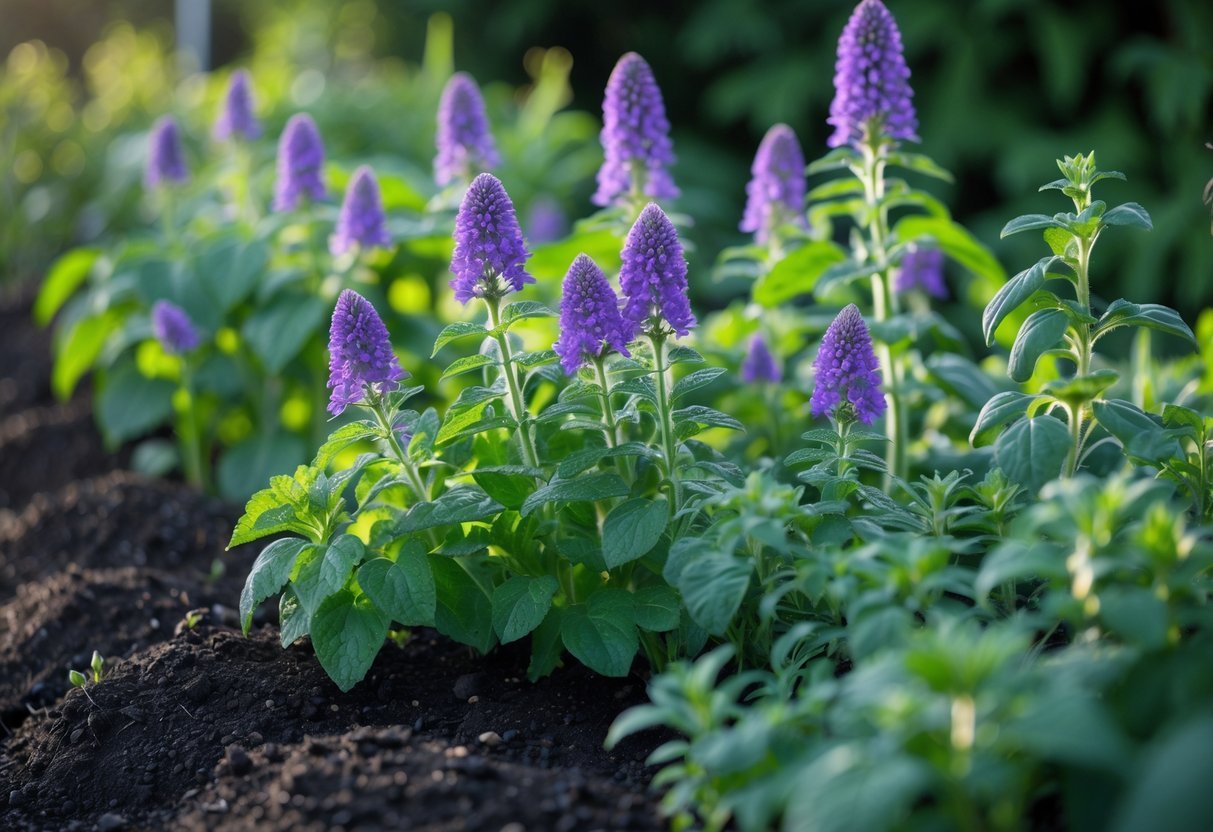 20+ Companion Flower Planting Ideas: Proven Combinations for Thriving US Gardens 21 A garden bed with purple Salvia flowers growing next to green zucchini plants with leaves and blossoms.