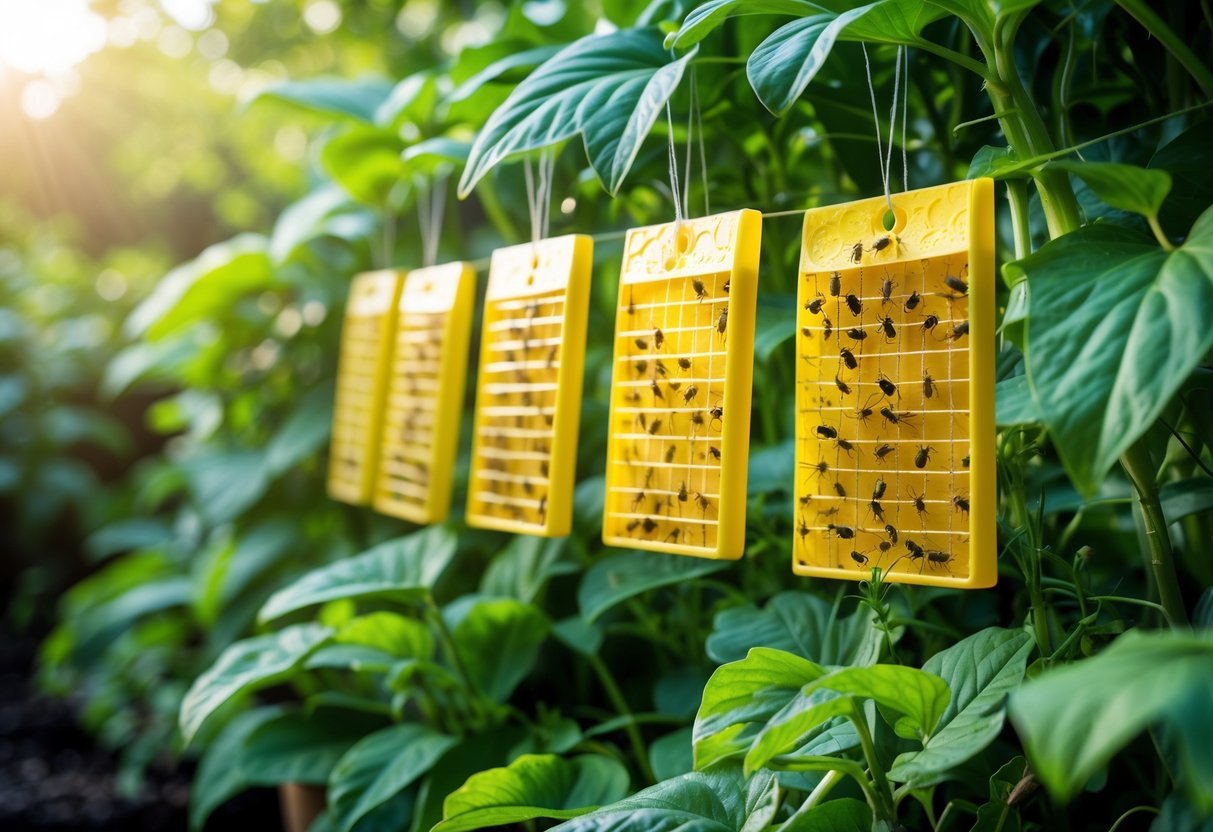 23+ Bug Trap Garden Ideas: Effective Ways to Keep Your US Garden Pest-Free 3 Yellow sticky traps hanging among green garden plants with small insects stuck on them.