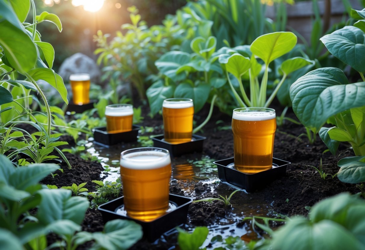 23+ Bug Trap Garden Ideas: Effective Ways to Keep Your US Garden Pest-Free 4 Shallow containers filled with beer placed among green garden plants to trap slugs.