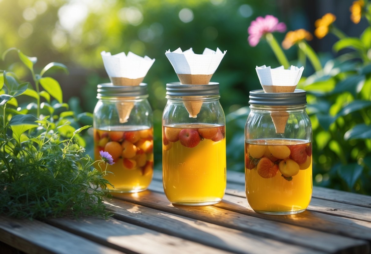 23+ Bug Trap Garden Ideas: Effective Ways to Keep Your US Garden Pest-Free 5 Three glass jars filled with vinegar and paper funnels set on a wooden table surrounded by green plants in a garden.