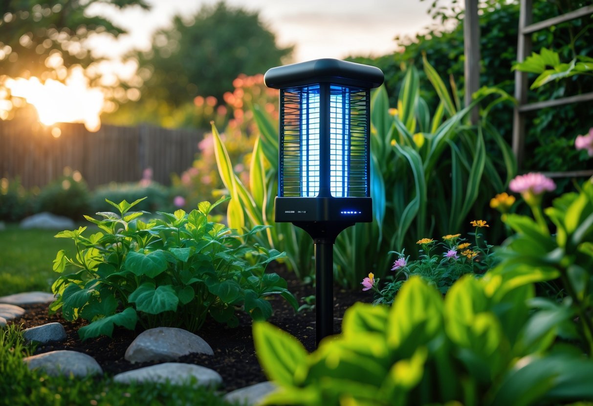23+ Bug Trap Garden Ideas: Effective Ways to Keep Your US Garden Pest-Free 6 Solar-powered bug zapper installed in a garden surrounded by green plants and flowers during early evening.