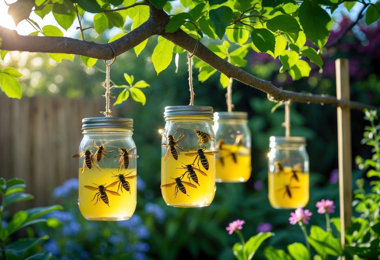 23+ Bug Trap Garden Ideas: Effective Ways to Keep Your US Garden Pest-Free 7 Five mason jars filled with bait hanging in a garden among green plants and flowers to trap wasps.