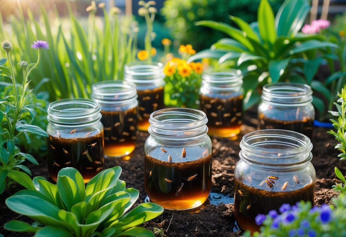 23+ Bug Trap Garden Ideas: Effective Ways to Keep Your US Garden Pest-Free 8 A garden with glass jars filled with dark molasses water used as bug traps placed among green plants and flowers.