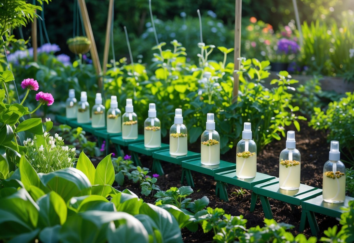 23+ Bug Trap Garden Ideas: Effective Ways to Keep Your US Garden Pest-Free 9 A garden with seven garlic spray stations placed among green plants and flowers to trap bugs.