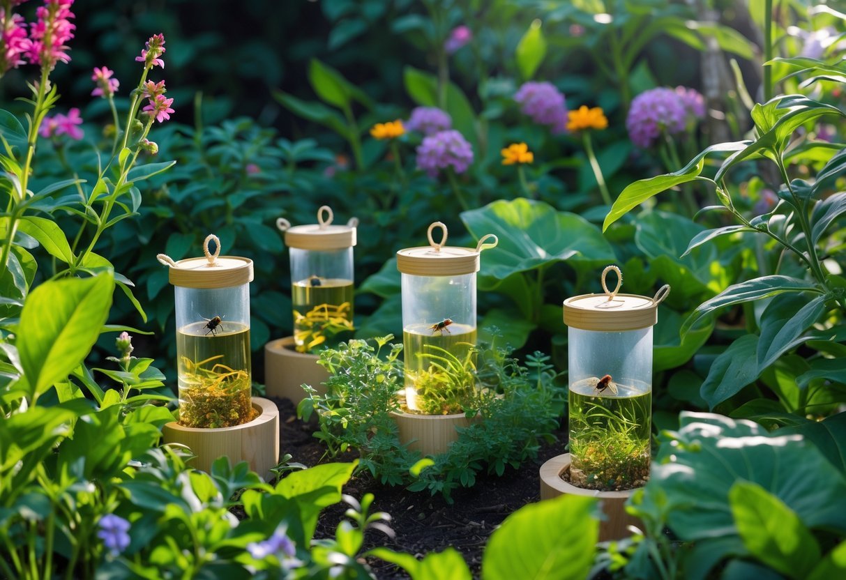 23+ Bug Trap Garden Ideas: Effective Ways to Keep Your US Garden Pest-Free 10 A garden with essential oil bug traps placed among green plants and colorful flowers, attracting small insects.