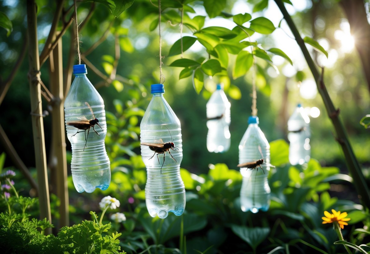 23+ Bug Trap Garden Ideas: Effective Ways to Keep Your US Garden Pest-Free 11 Inverted plastic bottle fly traps hanging among green garden plants and flowers.