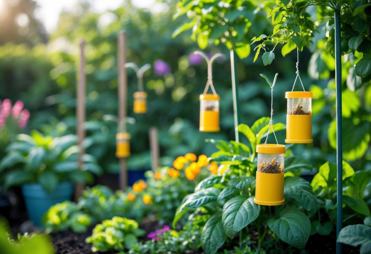 23+ Bug Trap Garden Ideas: Effective Ways to Keep Your US Garden Pest-Free 12 A garden with plants and flowers showing several pheromone bug traps hanging among the foliage.