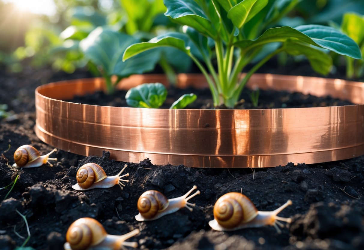 23+ Bug Trap Garden Ideas: Effective Ways to Keep Your US Garden Pest-Free 13 Close-up of a garden planter surrounded by copper tape with snails nearby, preventing them from entering the plants.