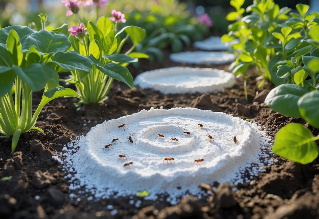 23+ Bug Trap Garden Ideas: Effective Ways to Keep Your US Garden Pest-Free 14 Close-up of a garden bed with plants surrounded by white powdery diatomaceous earth barriers trapping small insects.