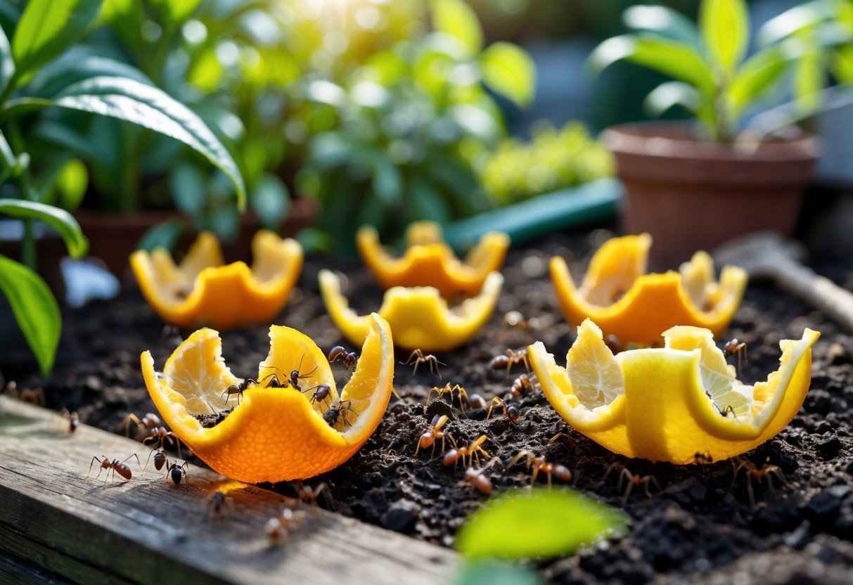 23+ Bug Trap Garden Ideas: Effective Ways to Keep Your US Garden Pest-Free 15 Close-up of citrus peels arranged outdoors with ants gathered around them in a garden setting.