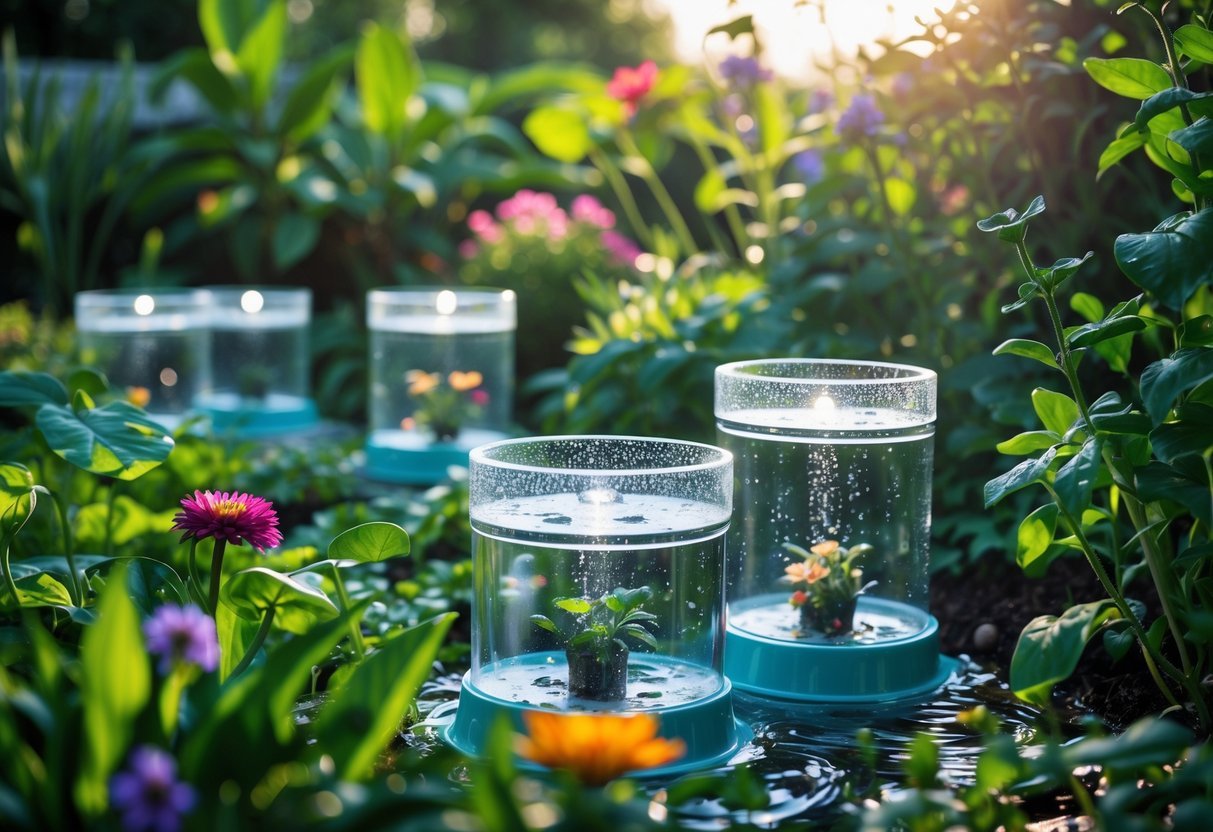 23+ Bug Trap Garden Ideas: Effective Ways to Keep Your US Garden Pest-Free 16 A garden with jars containing soapy water and small lights set up as bug traps among green plants and flowers.