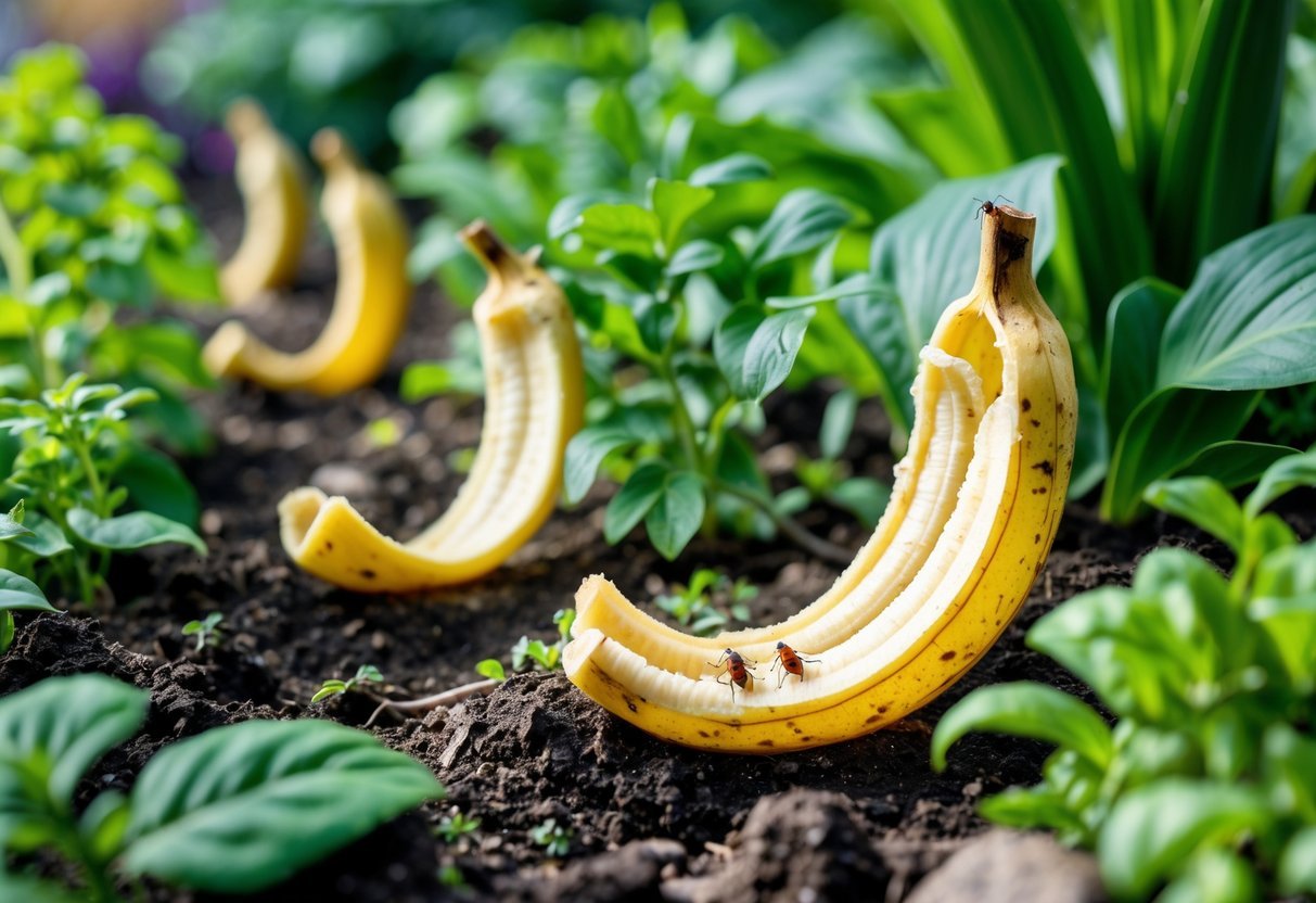 23+ Bug Trap Garden Ideas: Effective Ways to Keep Your US Garden Pest-Free 17 Banana peels placed in a garden with stink bugs nearby among green plants and soil.