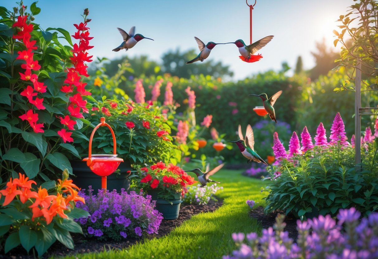 15+ Garden Ideas for Attracting Hummingbirds: Proven Tips to Transform Your US Backyard 2 A colorful garden with various flowering plants and several hummingbirds hovering and feeding on flowers and feeders.