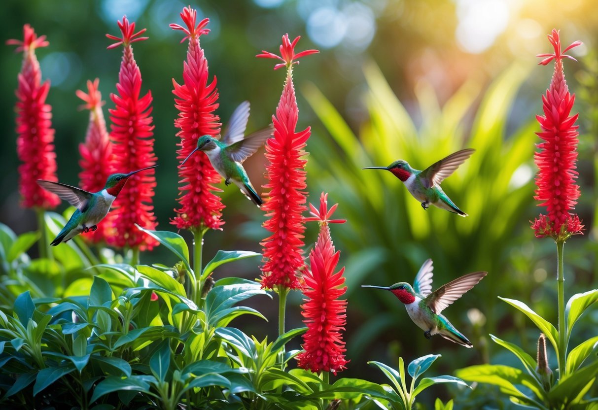 15+ Garden Ideas for Attracting Hummingbirds: Proven Tips to Transform Your US Backyard 3 A garden with red tubular flowers and hummingbirds feeding from them.