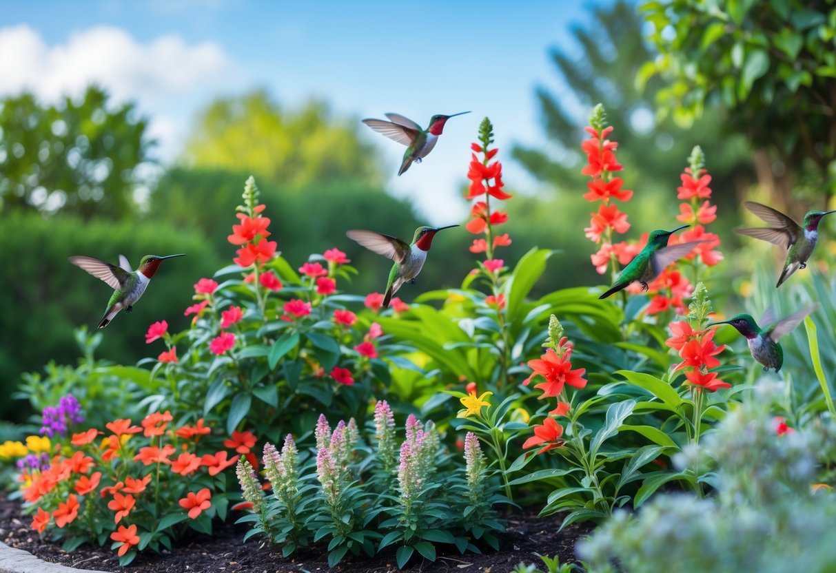 15+ Garden Ideas for Attracting Hummingbirds: Proven Tips to Transform Your US Backyard 4 A garden with native flowering plants attracting hummingbirds hovering near colorful flowers.