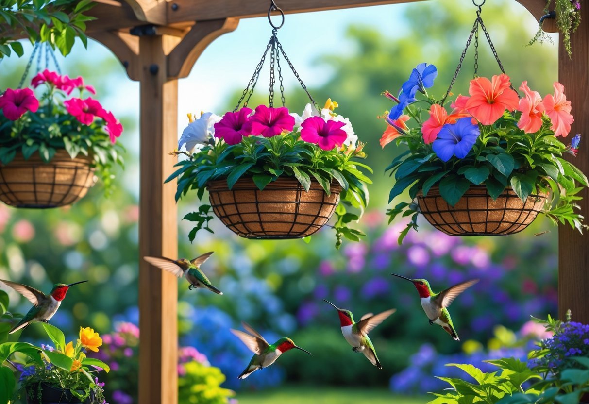 15+ Garden Ideas for Attracting Hummingbirds: Proven Tips to Transform Your US Backyard 5 Hummingbirds feeding from colorful flowers in hanging baskets in a garden.