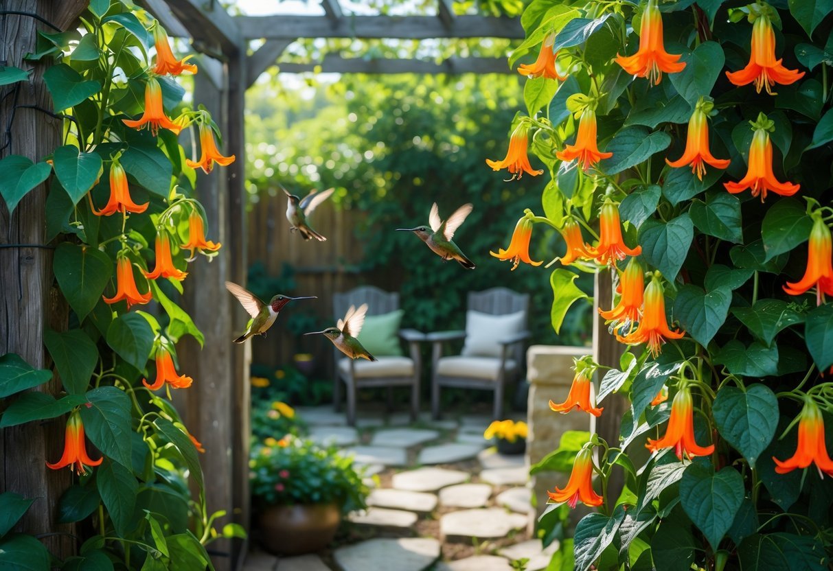15+ Garden Ideas for Attracting Hummingbirds: Proven Tips to Transform Your US Backyard 6 A garden with four blooming trumpet vine plants attracting several hummingbirds near a wooden trellis and stone pathway.