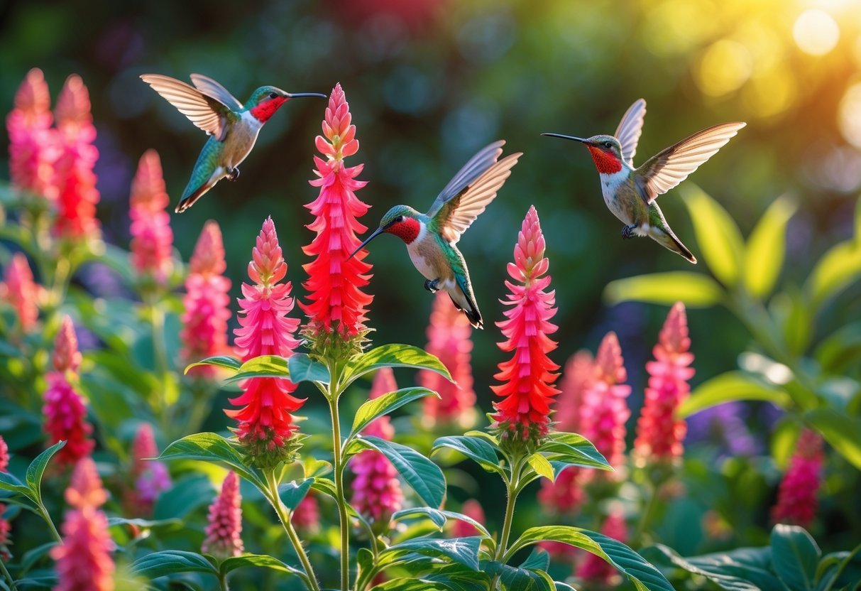 15+ Garden Ideas for Attracting Hummingbirds: Proven Tips to Transform Your US Backyard 7 A garden with blooming bee balm flowers attracting hummingbirds feeding on the blossoms.