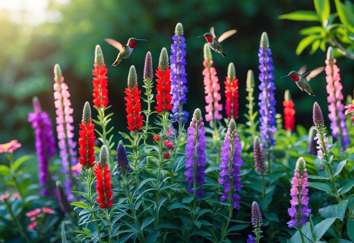 15+ Garden Ideas for Attracting Hummingbirds: Proven Tips to Transform Your US Backyard 8 A garden with different types of Salvia plants blooming and hummingbirds feeding on the flowers.