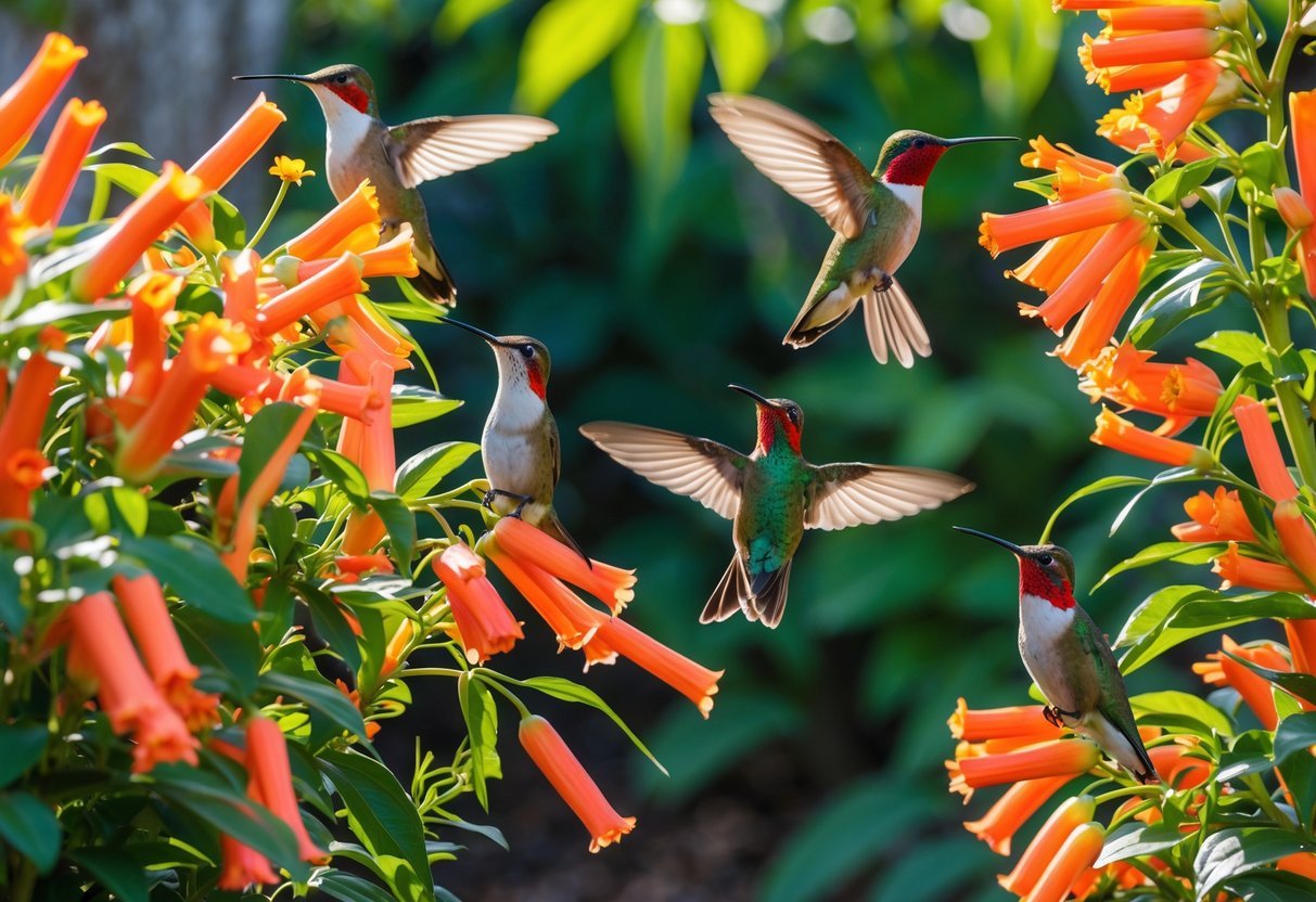15+ Garden Ideas for Attracting Hummingbirds: Proven Tips to Transform Your US Backyard 9 A garden with blooming coral honeysuckle flowers and hummingbirds feeding on the blossoms.