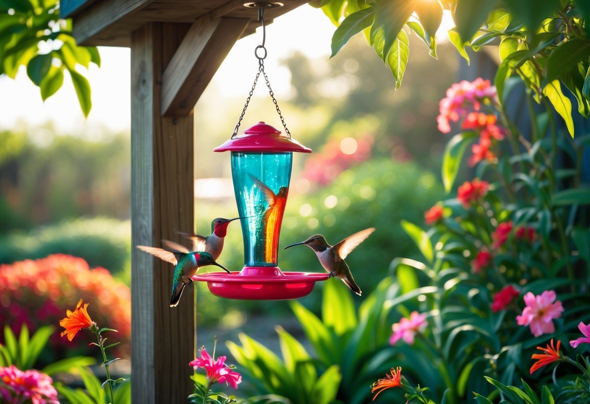 15+ Garden Ideas for Attracting Hummingbirds: Proven Tips to Transform Your US Backyard 10 A colorful hummingbird feeder hanging in a garden with several hummingbirds feeding among green plants and blooming flowers.