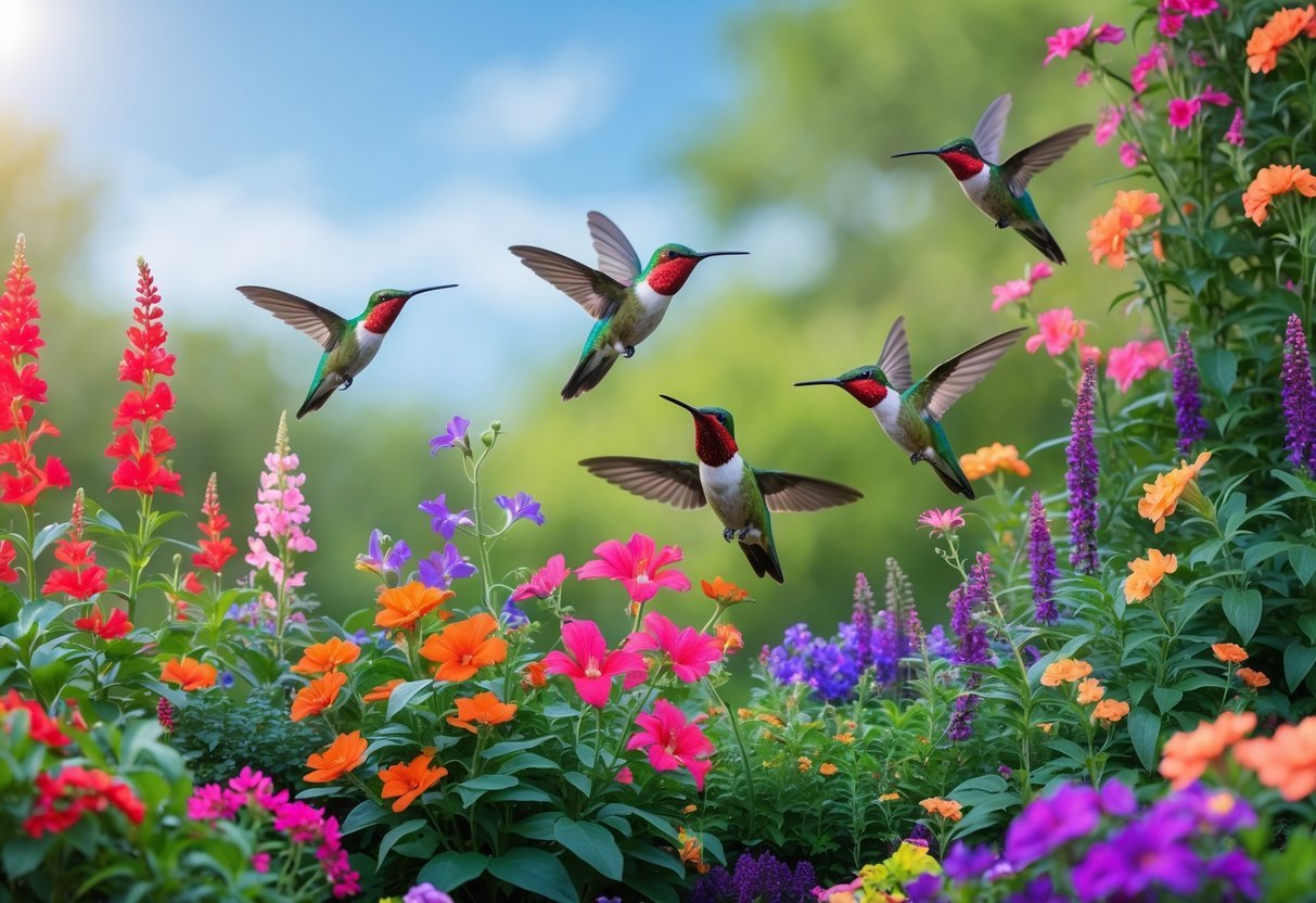 15+ Garden Ideas for Attracting Hummingbirds: Proven Tips to Transform Your US Backyard 11 A garden with colorful nectar-rich perennial flowers and several hummingbirds feeding from the blossoms.