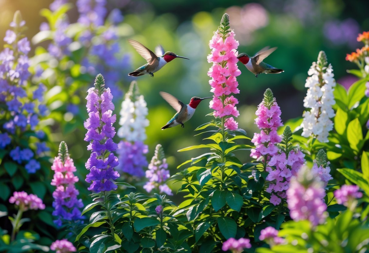 15+ Garden Ideas for Attracting Hummingbirds: Proven Tips to Transform Your US Backyard 12 A garden with blooming butterfly bushes attracting several hummingbirds feeding on the flowers.