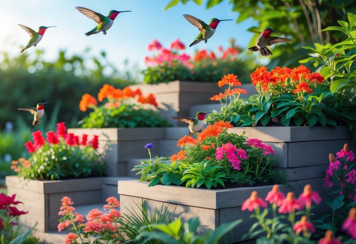 15+ Garden Ideas for Attracting Hummingbirds: Proven Tips to Transform Your US Backyard 13 Tiered garden beds filled with colorful flowers attracting hummingbirds in a lush outdoor setting.