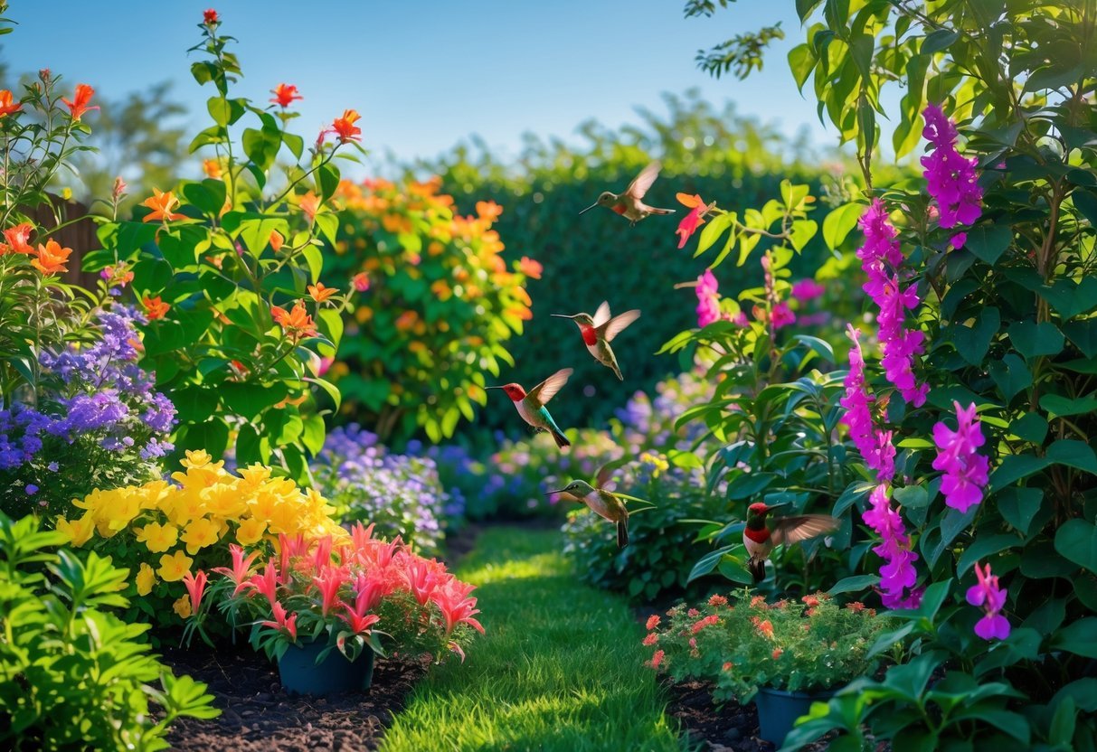 15+ Garden Ideas for Attracting Hummingbirds: Proven Tips to Transform Your US Backyard 14 A garden with flowering shrubs and hummingbirds feeding on the blossoms.