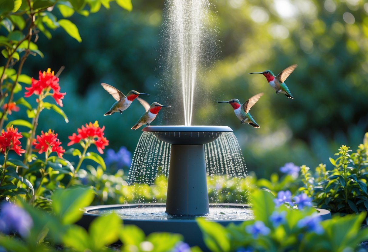 15+ Garden Ideas for Attracting Hummingbirds: Proven Tips to Transform Your US Backyard 15 A garden with a misting water feature surrounded by flowering plants and hummingbirds hovering nearby.